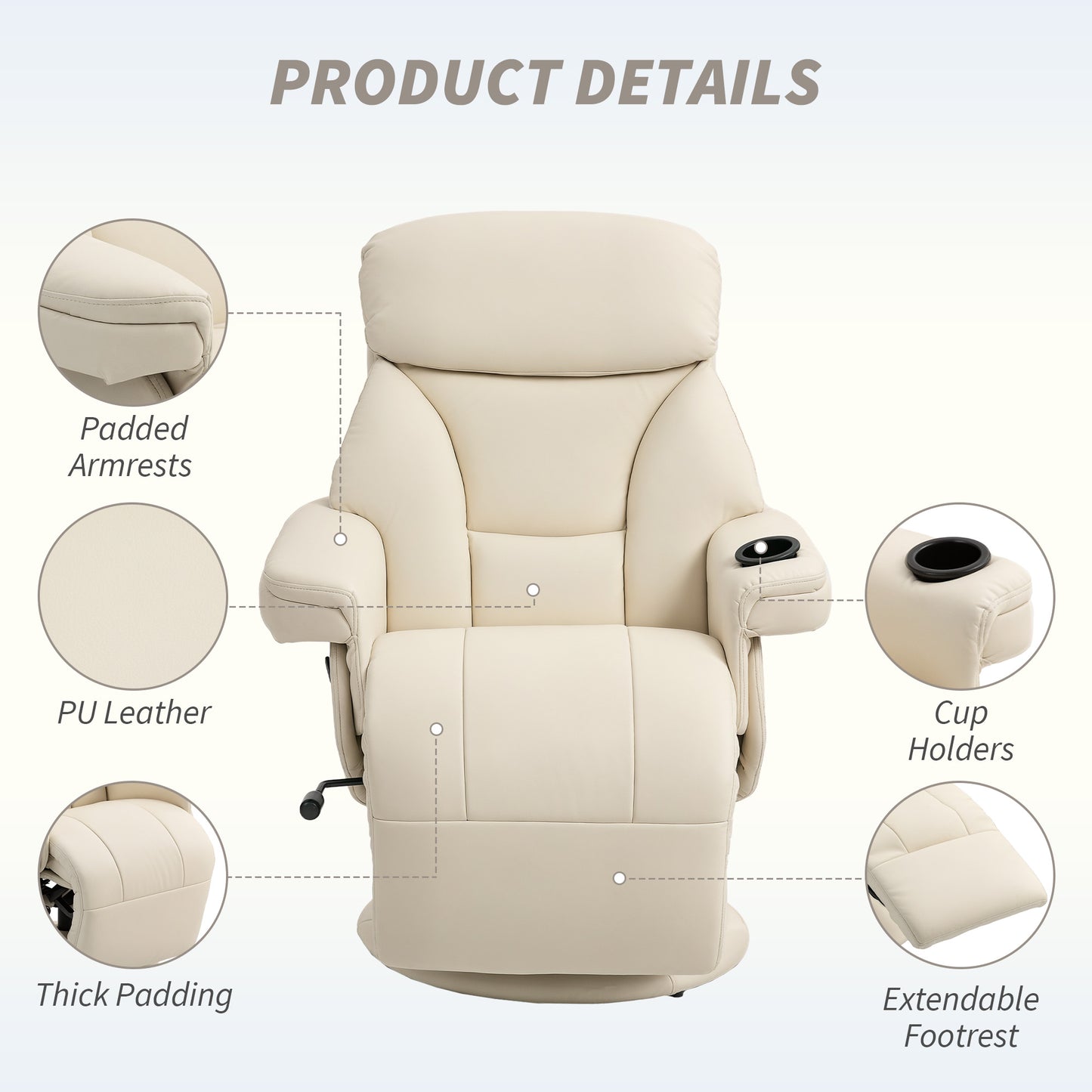 Manual Recliner Swivel Lounge Chair with Footrest, Cream White