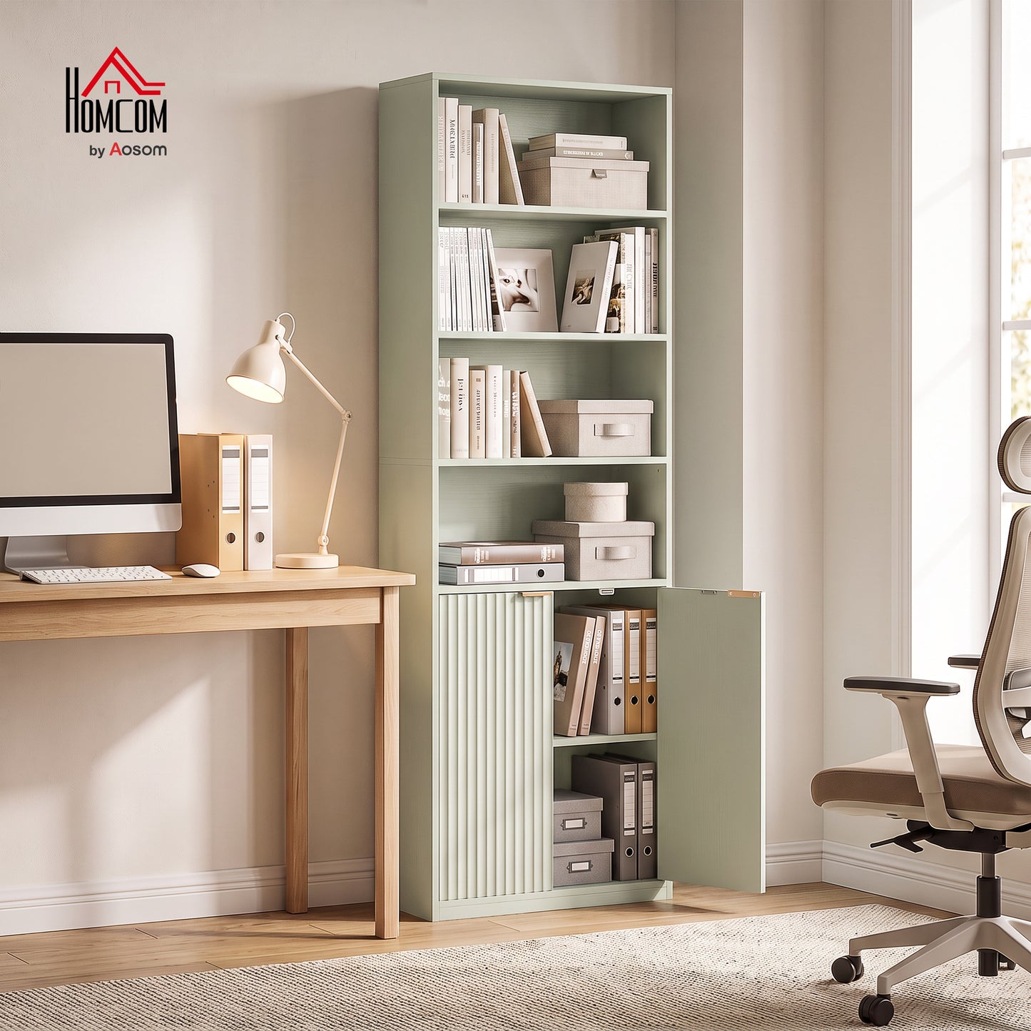 6-Tier Tall Bookcase with Adjustable Shelf Cabinet, Light Green