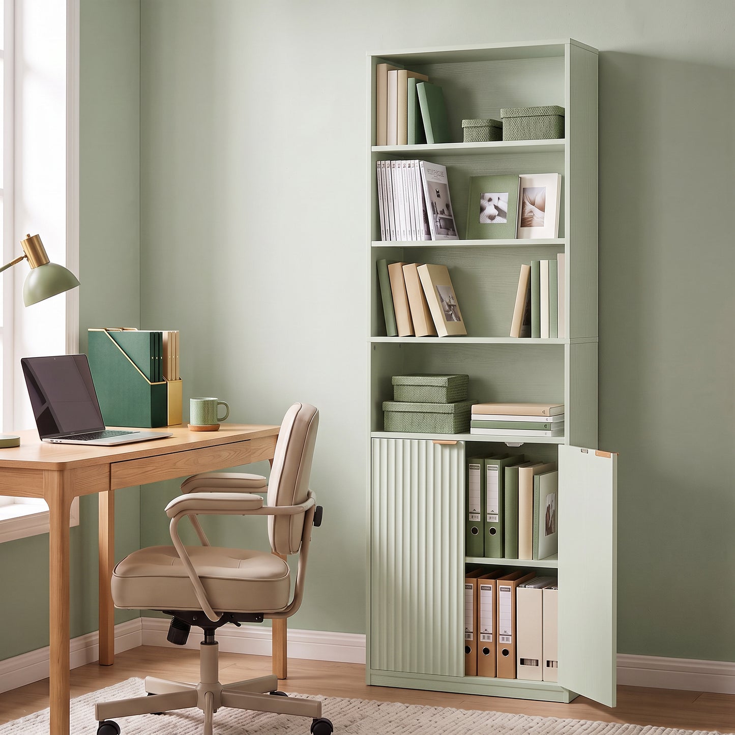 6-Tier Tall Bookcase with Adjustable Shelf Cabinet, Light Green