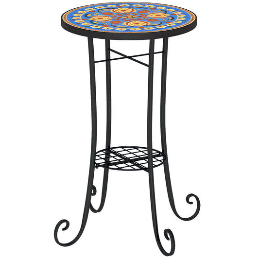 35.5cm Round Mosaic Garden Side Table Plant Stand w/ Shelf, Blue