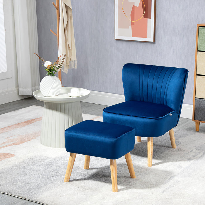 Velvet Accent Chair Occasional Tub Seat Padding Curved Back w/ Ottoman Wood Frame Legs Home Furniture, Blue