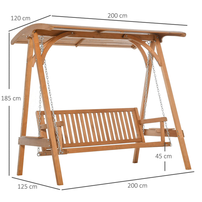 3-Seater Larch Wood Garden Swing Chair Bench Hammock Lounger with Wooden Canopy, Teak