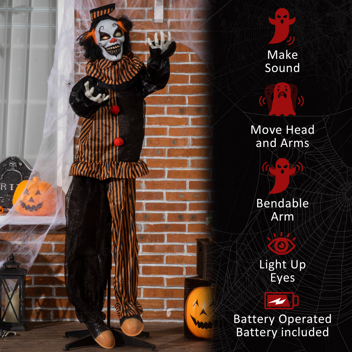 67" Animated Prop Circus Clown, Indoor Outdoor Halloween Decorations