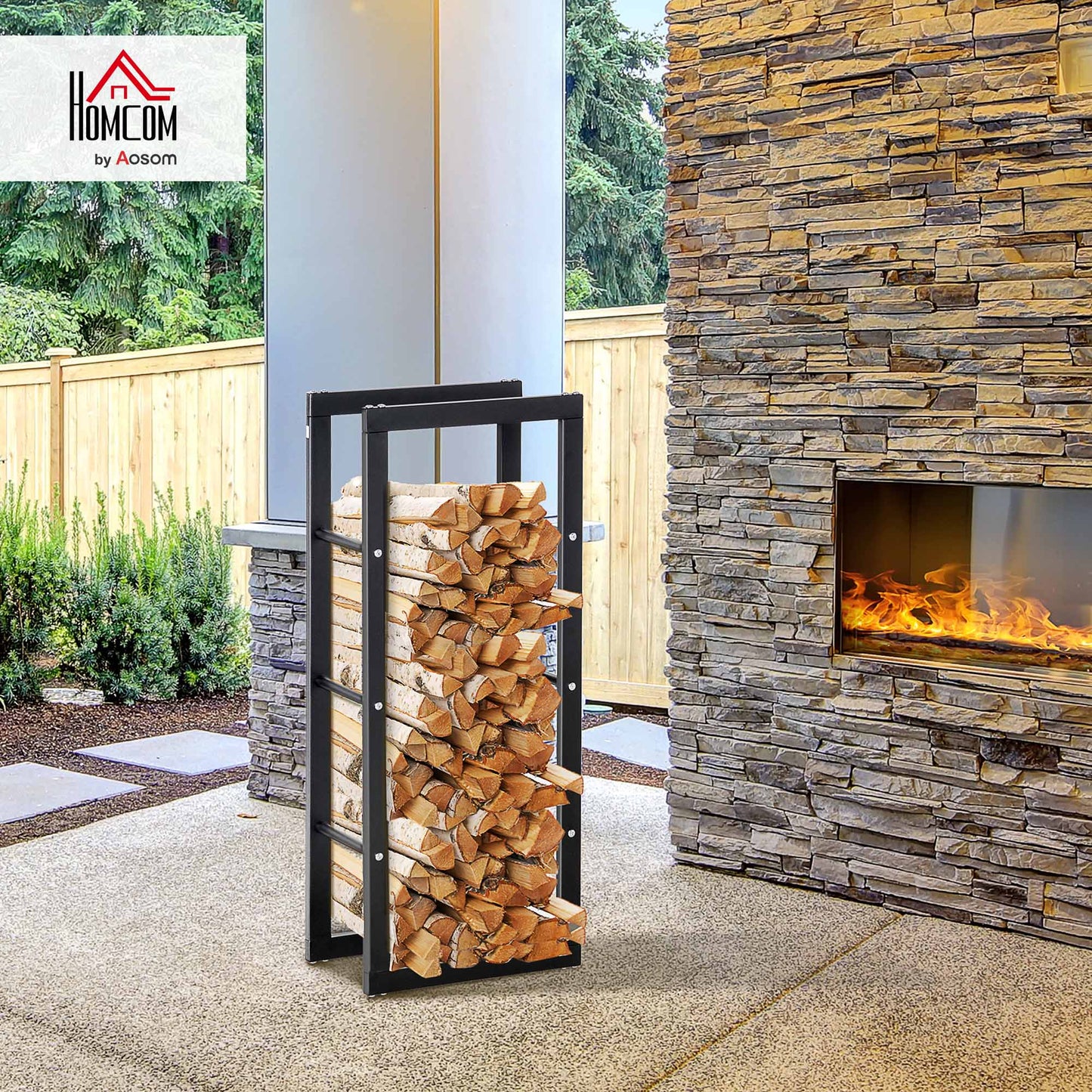 Metal Firewood Log Holder Tall Firewood Rack Indoor Outdoor Fireplace Wood Storage Shelf with Side Rails, Rust-Resistant, Black, 40W x 25D x 100H cm