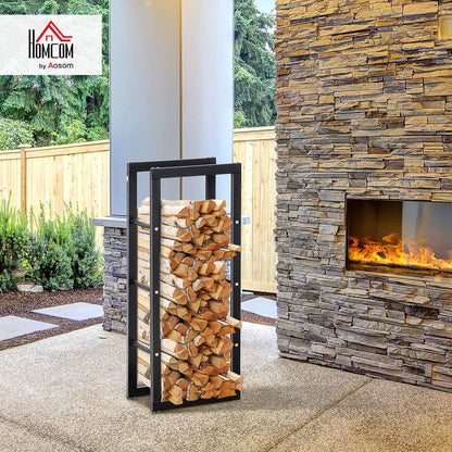 Metal Firewood Log Holder Tall Firewood Rack Indoor Outdoor Fireplace Wood Storage Shelf with Side Rails, Rust-Resistant, Black, 40W x 25D x 100H cm