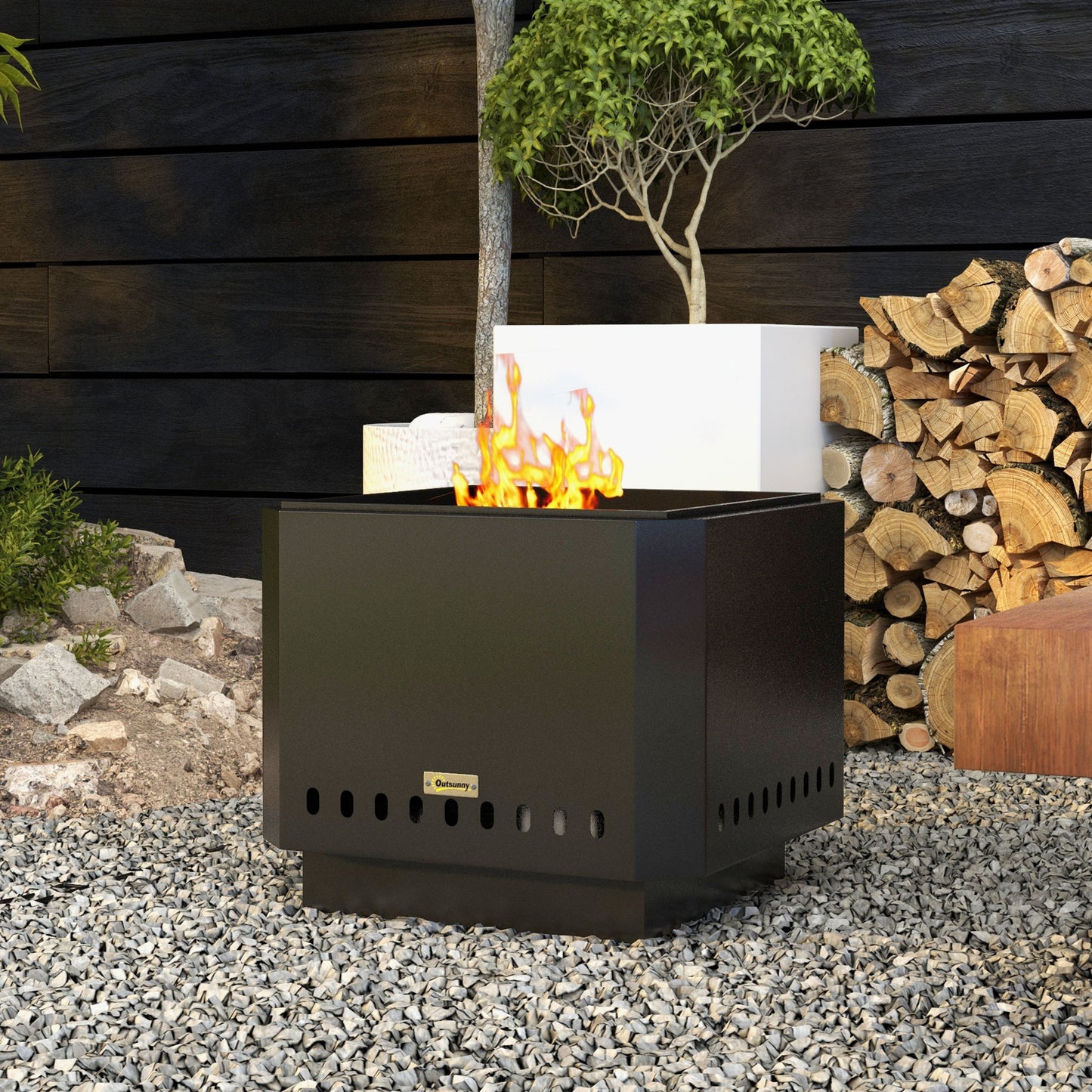 Smokeless Fire Pit, Square Metal Bonfire Stove, Black