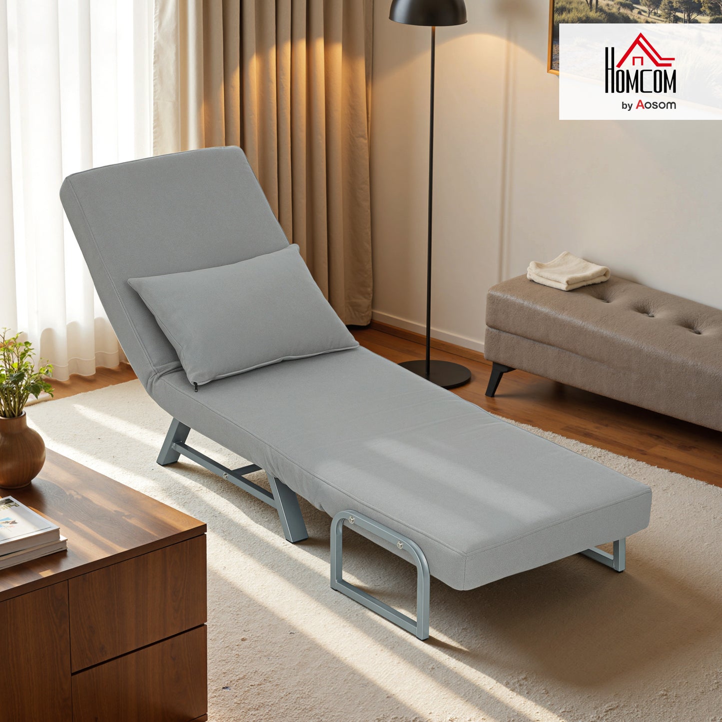Single Sofa Bed, 3-in-1 Convertible Folding Chair Bed, Light Grey