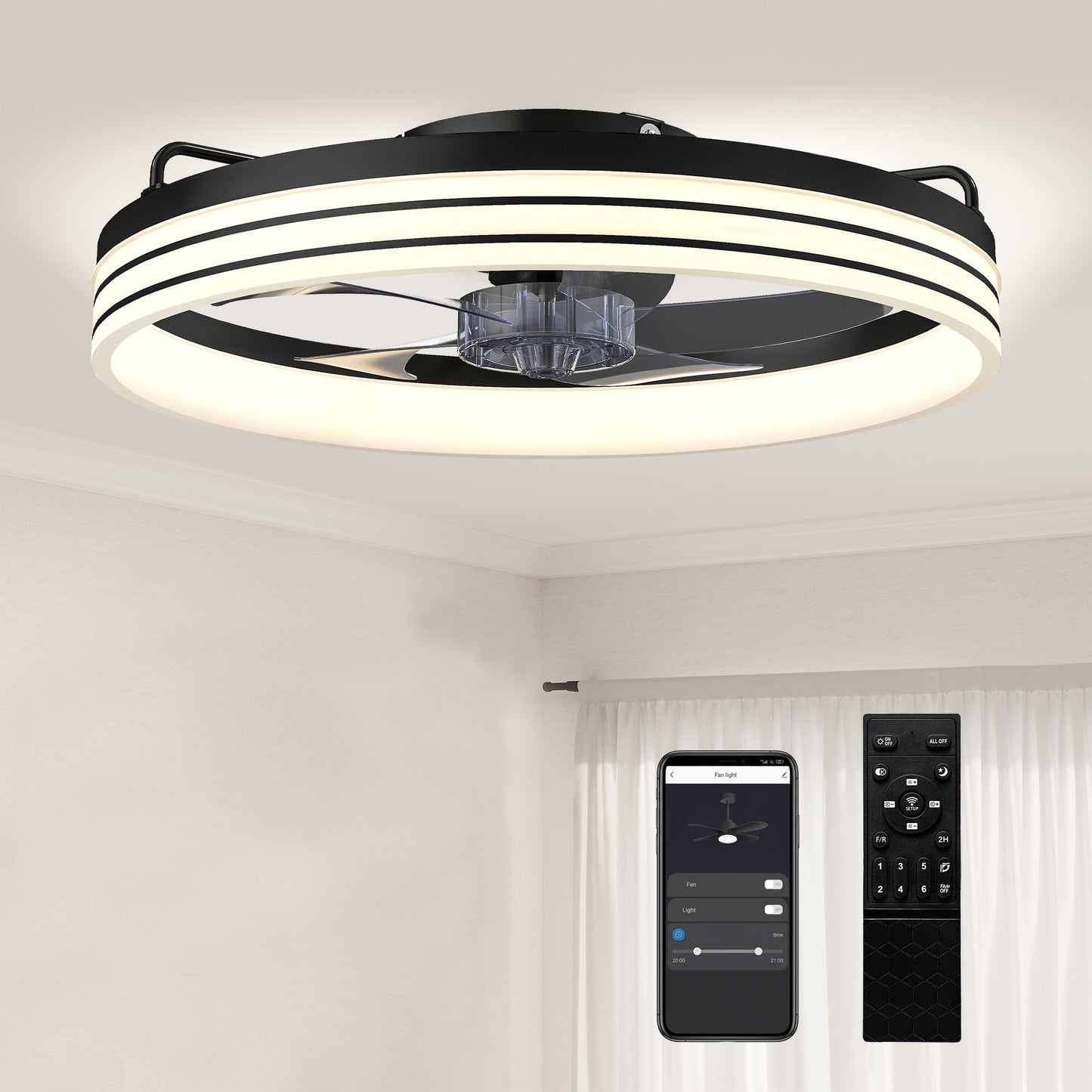 Ceiling Fan with Light and & App Control, 6 Speed, 50 cm, Black