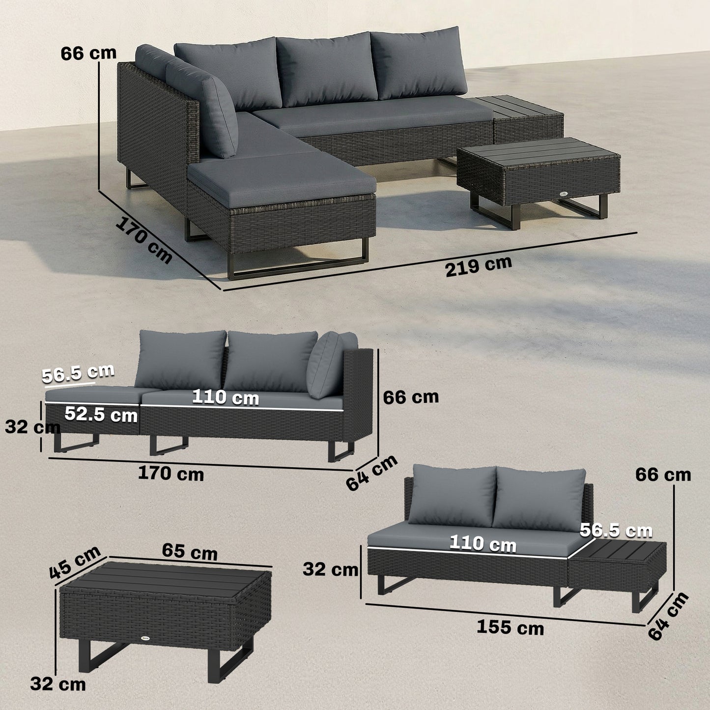 5 Seater Rattan Garden Furniture Set, Adjustable Back Corner Sofa Outdoor Lounge Set, Loveseat, Faux Wood Table, Cushions, L Shaped Patio Furniture Conversation Sets, Metal Frame, Dark Grey