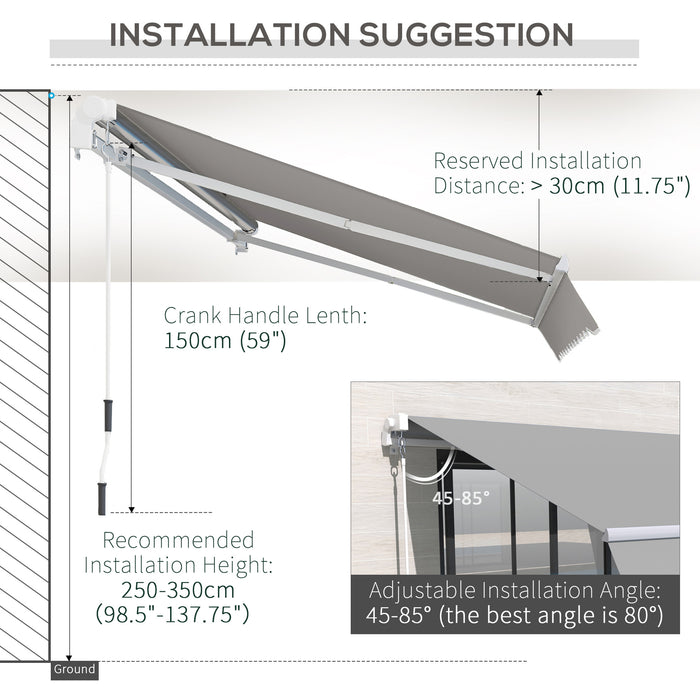 4x2.5m Retractable Manual Awning Window Door Sun Shade Canopy with Fittings and Crank Handle Grey