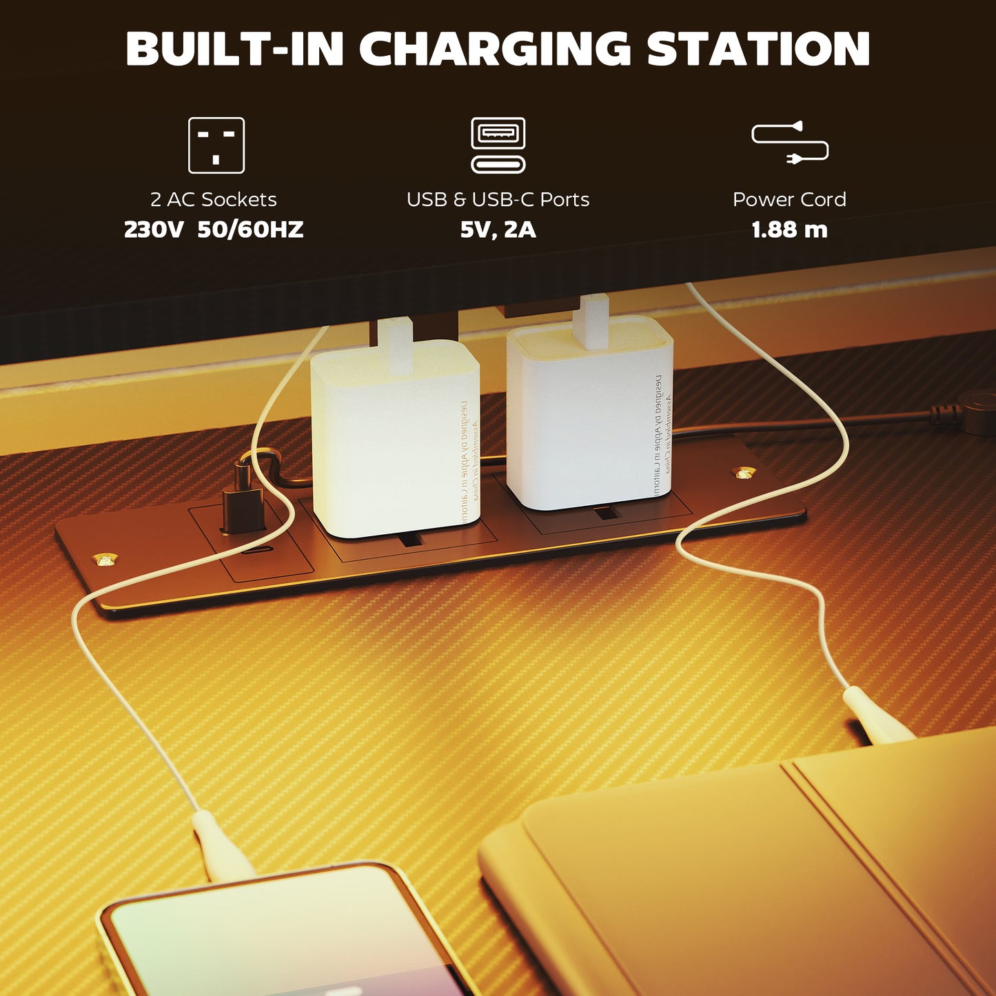 147cm Gaming Desk with Charging Station and RGB Lights, Black
