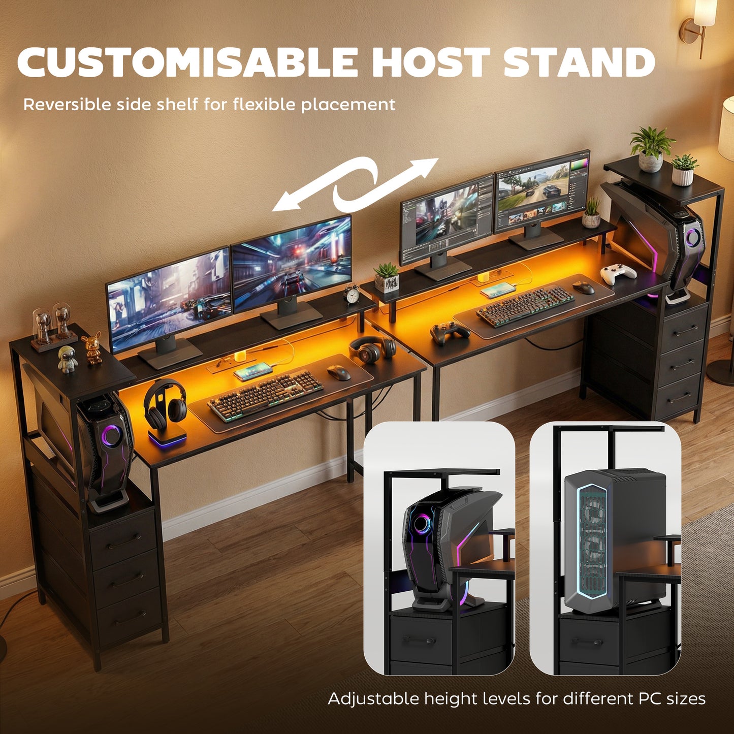 147cm Gaming Desk with Charging Station and RGB Lights, Black
