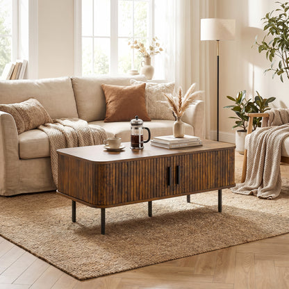 Coffee Table with Storage and Sliding Doors for Living Room, Brown