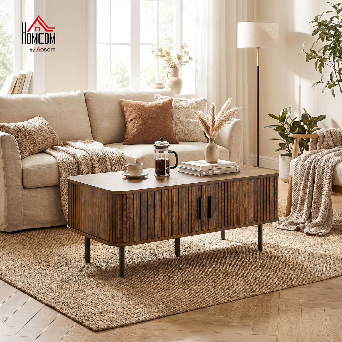 Coffee Table with Storage and Sliding Doors for Living Room, Brown