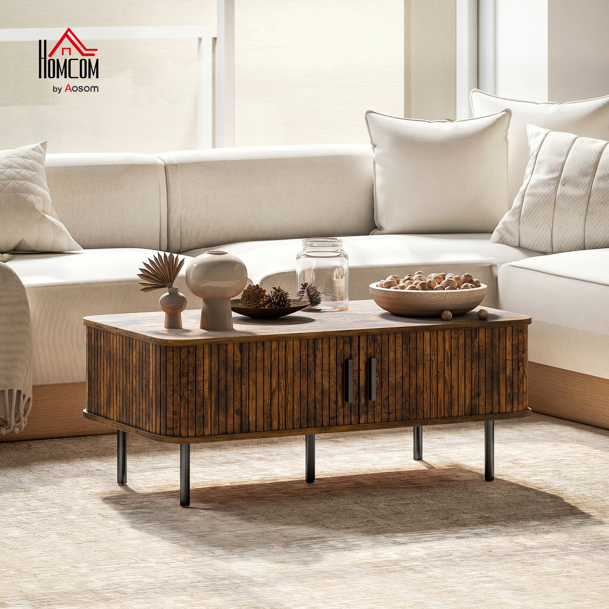 Coffee Table with Storage and Sliding Doors for Living Room, Brown