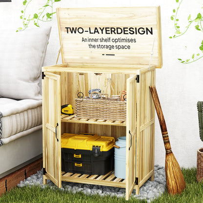 Wooden Garden Storage Shed w/Hinged Roof and Shelf, Natural Wood