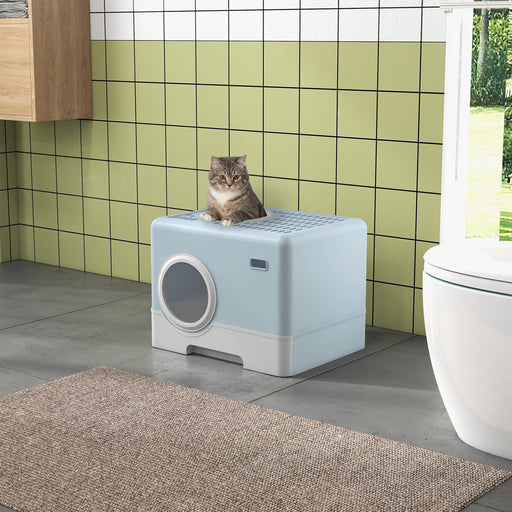 Cat Litter Box Enclosed with Lid Front Entry Top Exit, Drawer Tray, Scoop, 52L x 41W x 38.5Hcm - Blue