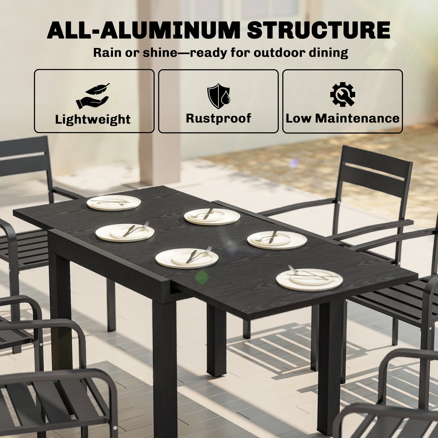Aluminium Extending Garden Table with Faux Wood Slatted Top, Black