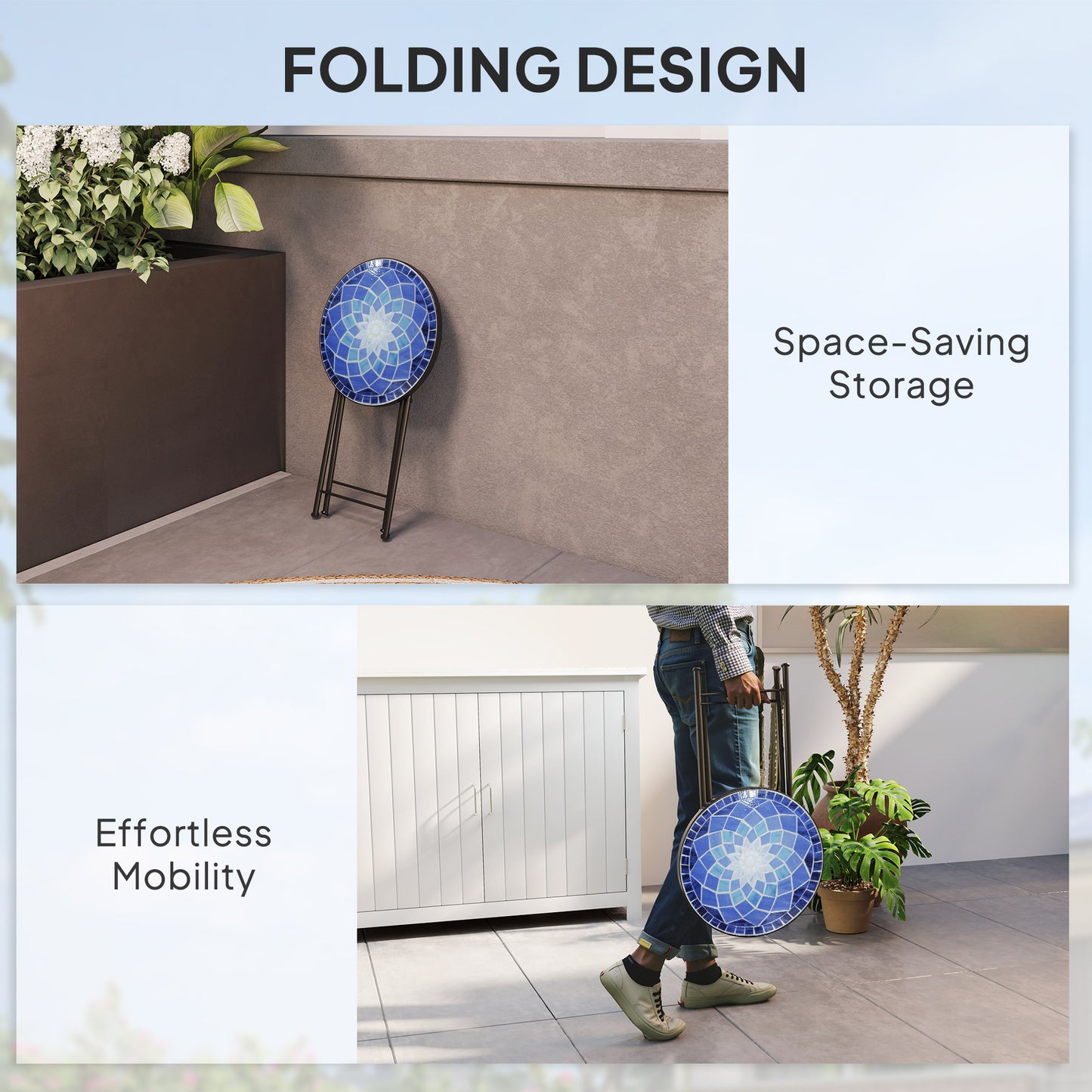 Mosaic Garden Table, 35.5cm Folding Coffee Table, Navy Blue