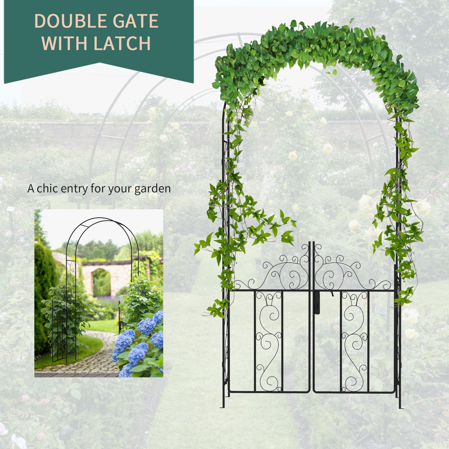 Metal Garden Arch with Double Gate, Garden Arbor Climbing Plants