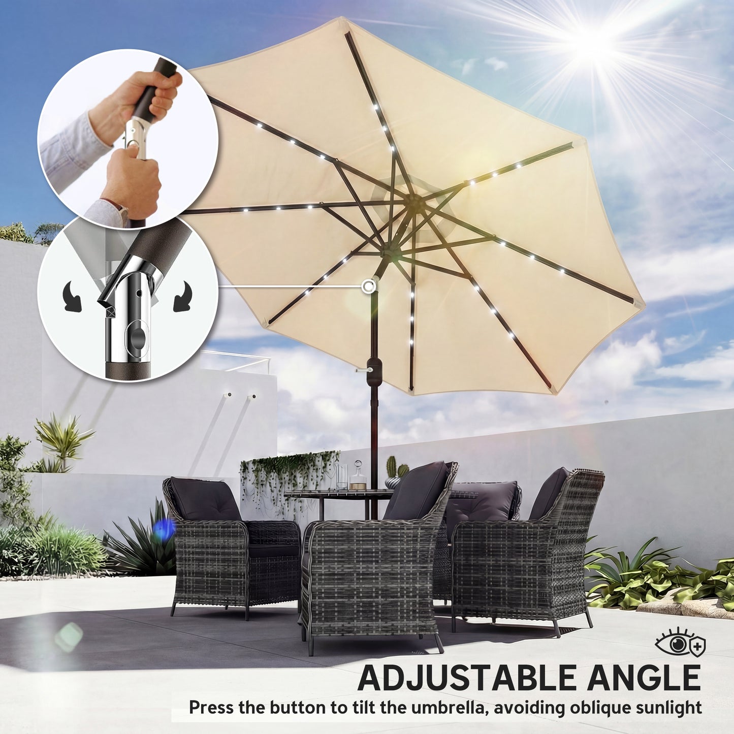 2.6 m Garden Parasol Umbrella with Light, Outdoor Patio Umbrella