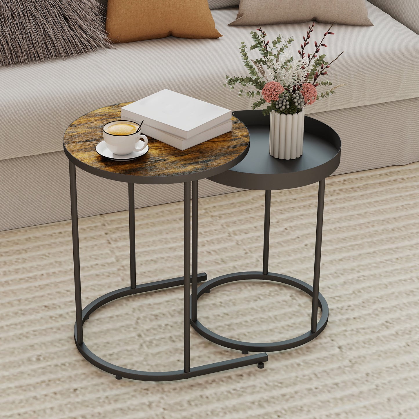 Nesting Side Table Set of 2, Industrial Round Nest of Tables, Brown