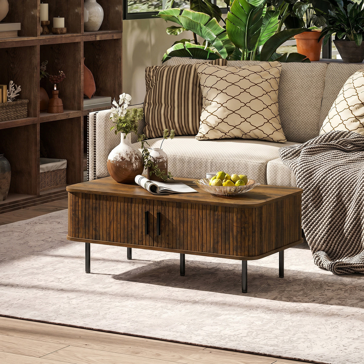 Coffee Table with Storage and Sliding Doors for Living Room, Brown