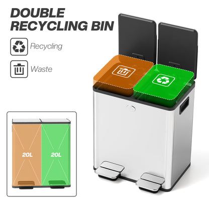 2 x 20L Dual Kitchen Bin Pedal Bin for Recycling and Waste, Silver Tone