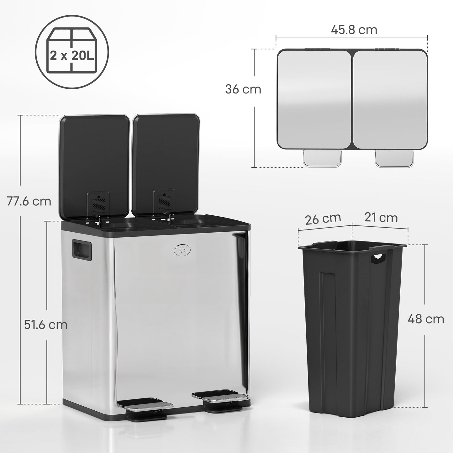 2 x 20L Dual Kitchen Bin Pedal Bin for Recycling and Waste, Silver Tone
