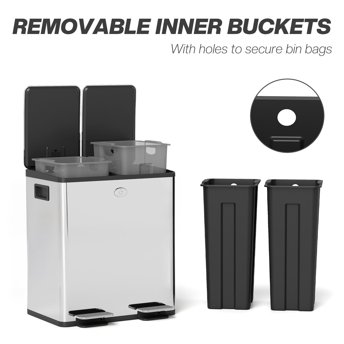 2 x 20L Dual Kitchen Bin Pedal Bin for Recycling and Waste, Silver Tone