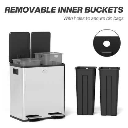 2 x 20L Dual Kitchen Bin Pedal Bin for Recycling and Waste, Silver Tone
