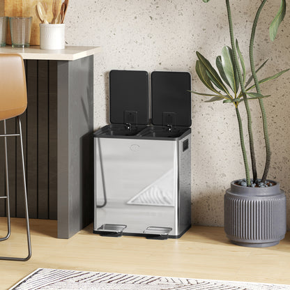 2 x 20L Dual Kitchen Bin Pedal Bin for Recycling and Waste, Silver Tone