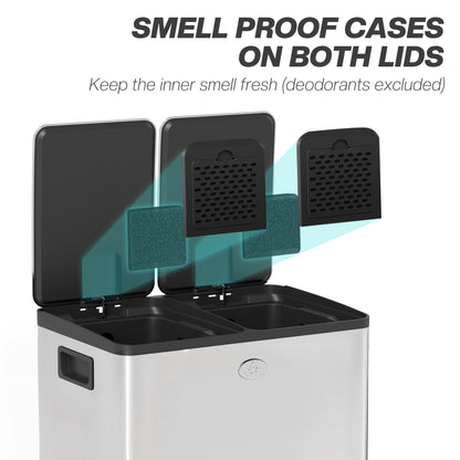 2 x 20L Dual Kitchen Bin Pedal Bin for Recycling and Waste, Silver Tone