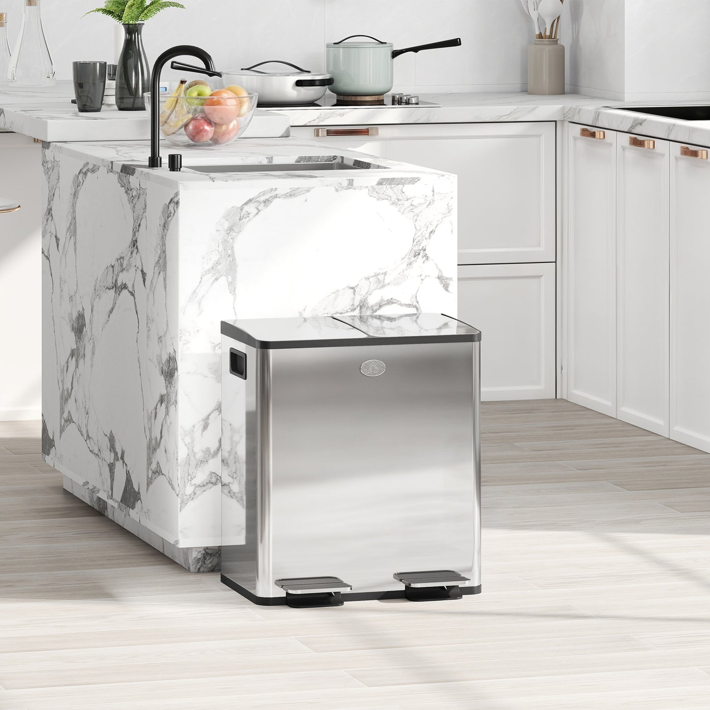 2 x 20L Dual Kitchen Bin Pedal Bin for Recycling and Waste, Silver Tone