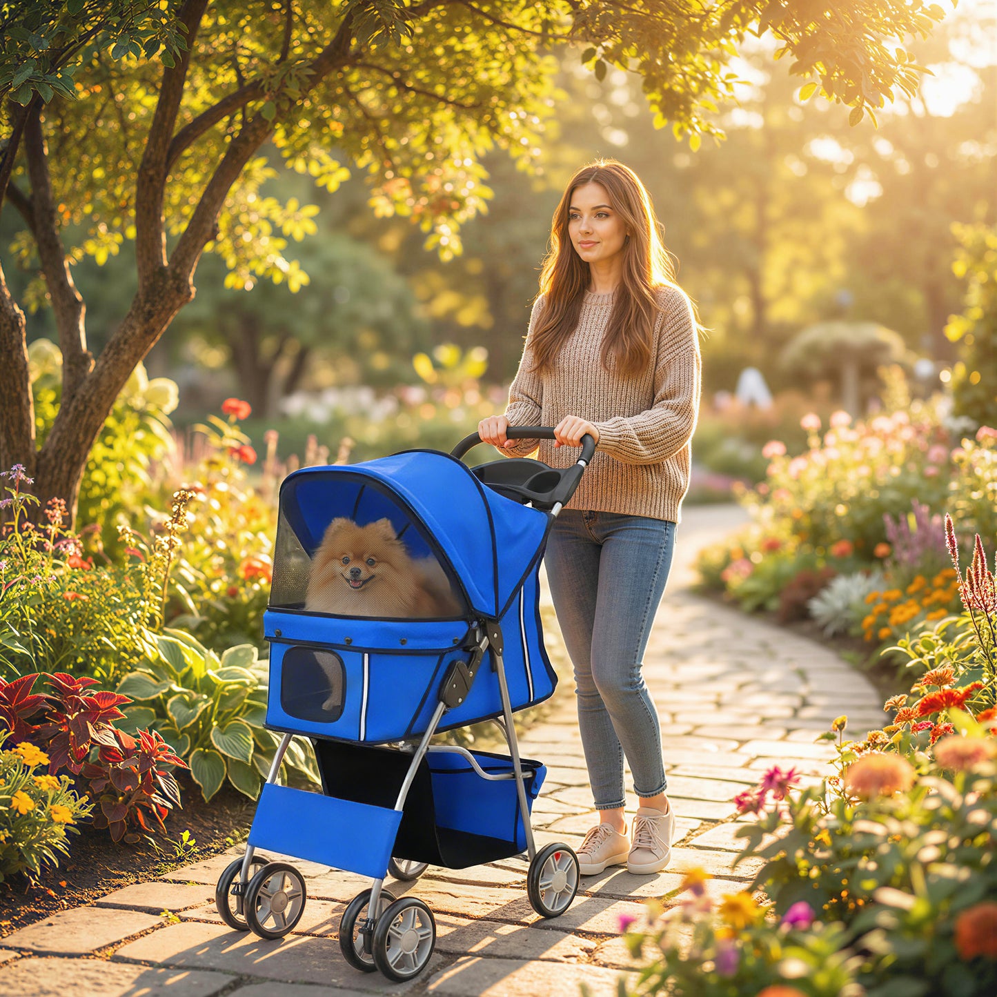 Dog Pram, Foldable Pet Stroller for Small Miniature Dogs Cats, Pet Buggy Pushchair with 360° Swivel EVA Wheels, Brake, Reflective Strips, Mesh Windows, Washable Cushion, Blue