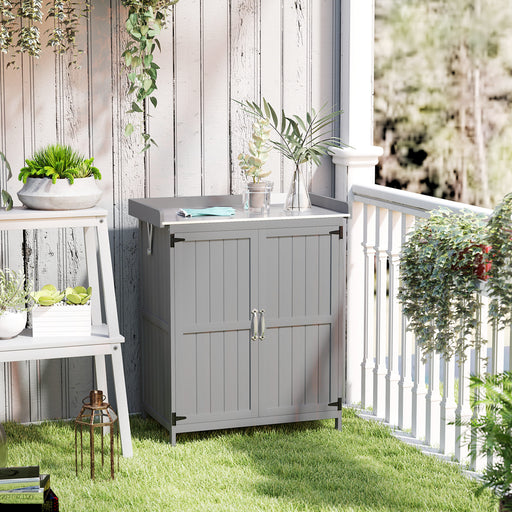 Wooden Garden Storage Shed w/Hinged Roof and Shelf, Grey