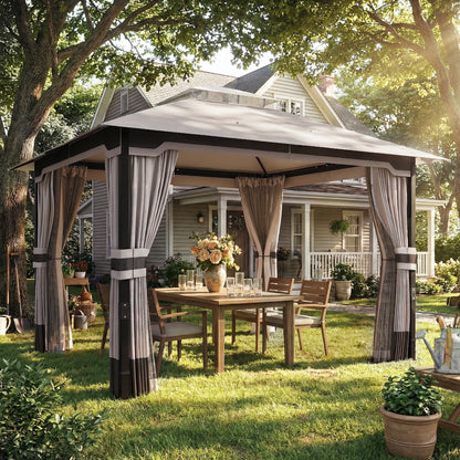 3 x 3.6 m Outdoor Garden Gazebo with Netting, Curtains, Khaki