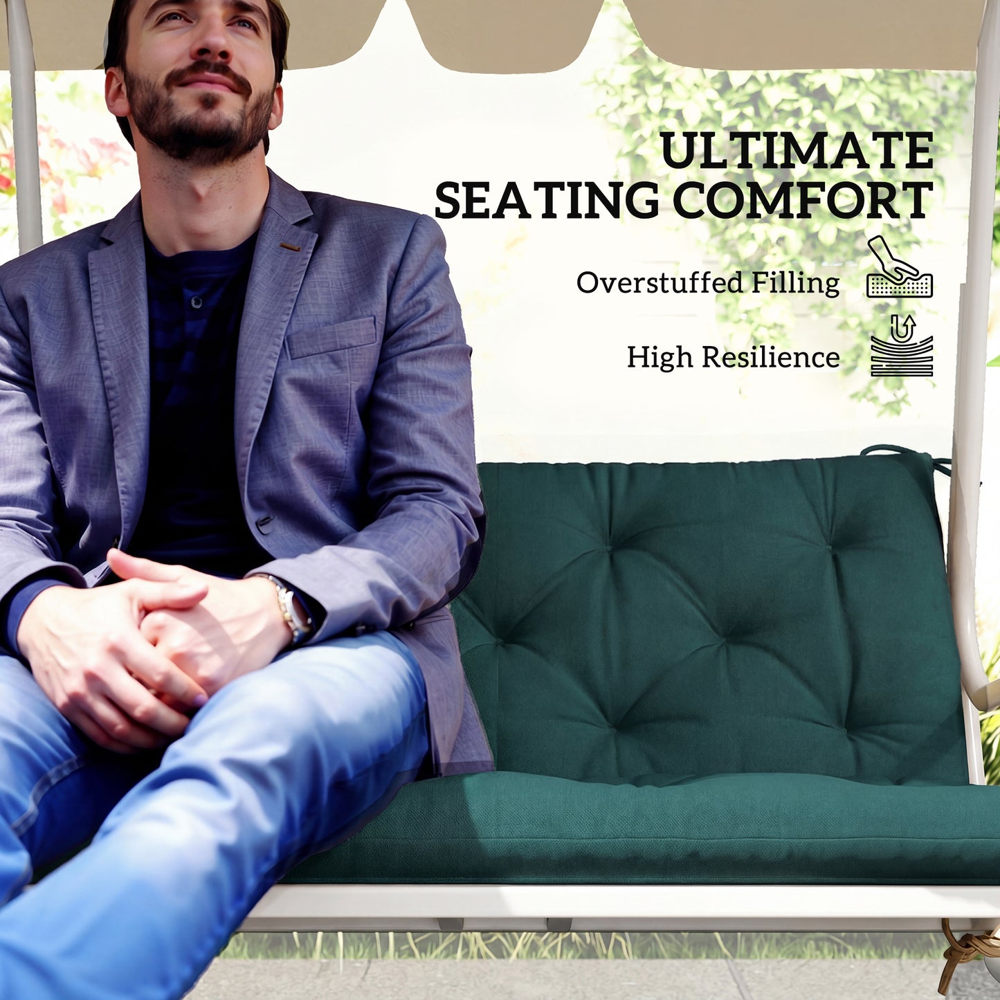 2 Seater Bench Pad, Chair Cushion with Back and Ties, Green