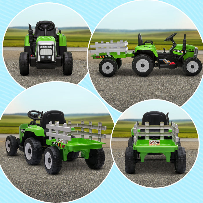 Electric Ride on Tractor w/ Detachable Trailer, 12V Kids Battery Powered Electric Car w/ Remote Control, Music for Kids Aged 3-6, Green