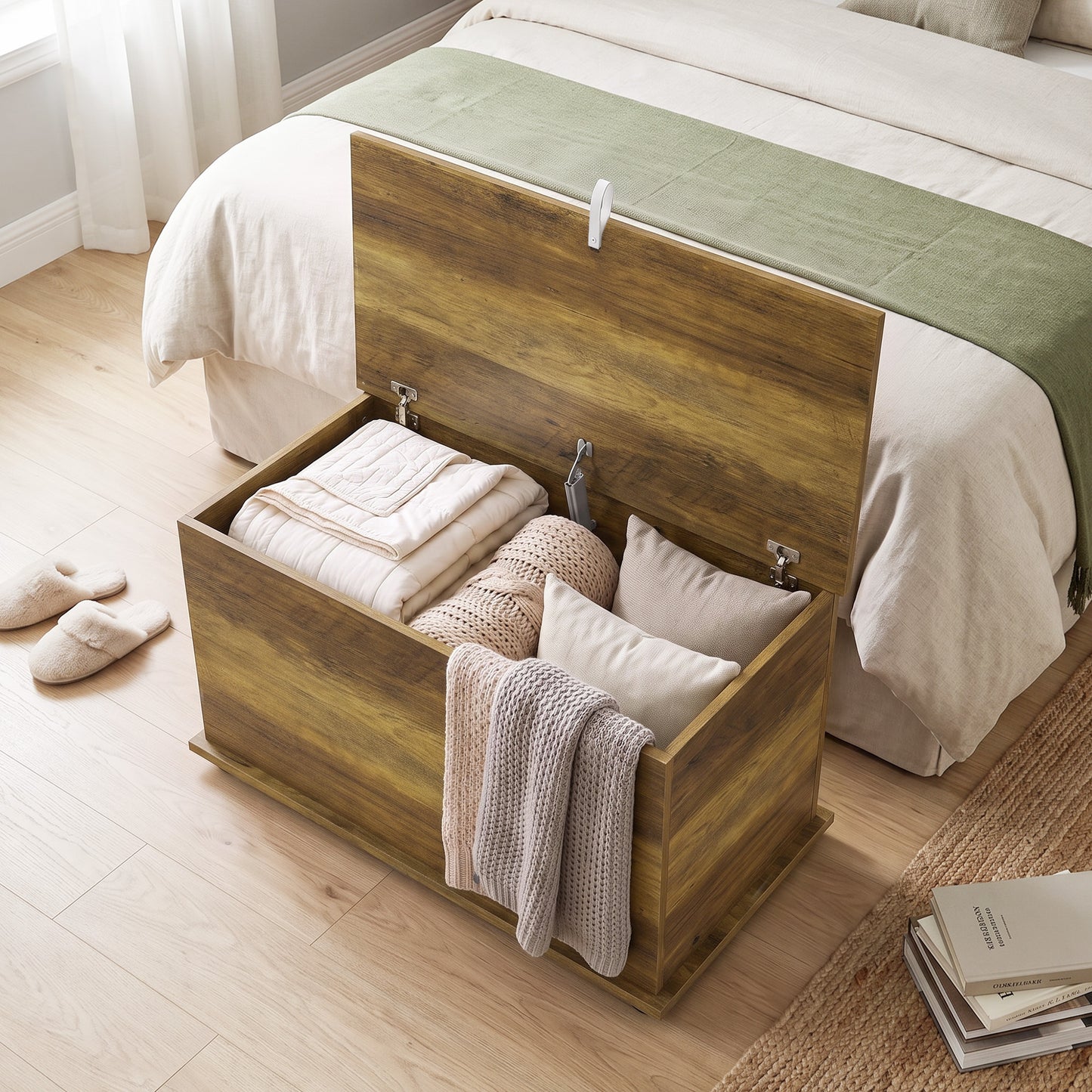 Storage Chest with Safety Hinged Lid, 102L Storage Box, Brown