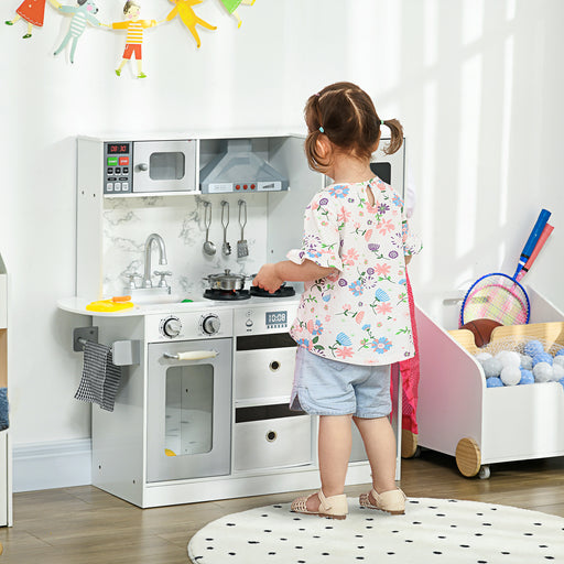 AIYAPLAY Toy Kitchen with Lights Sounds, Apron and Chef Hat, Ice Maker, Microwave, for 3-6 Years Old - White