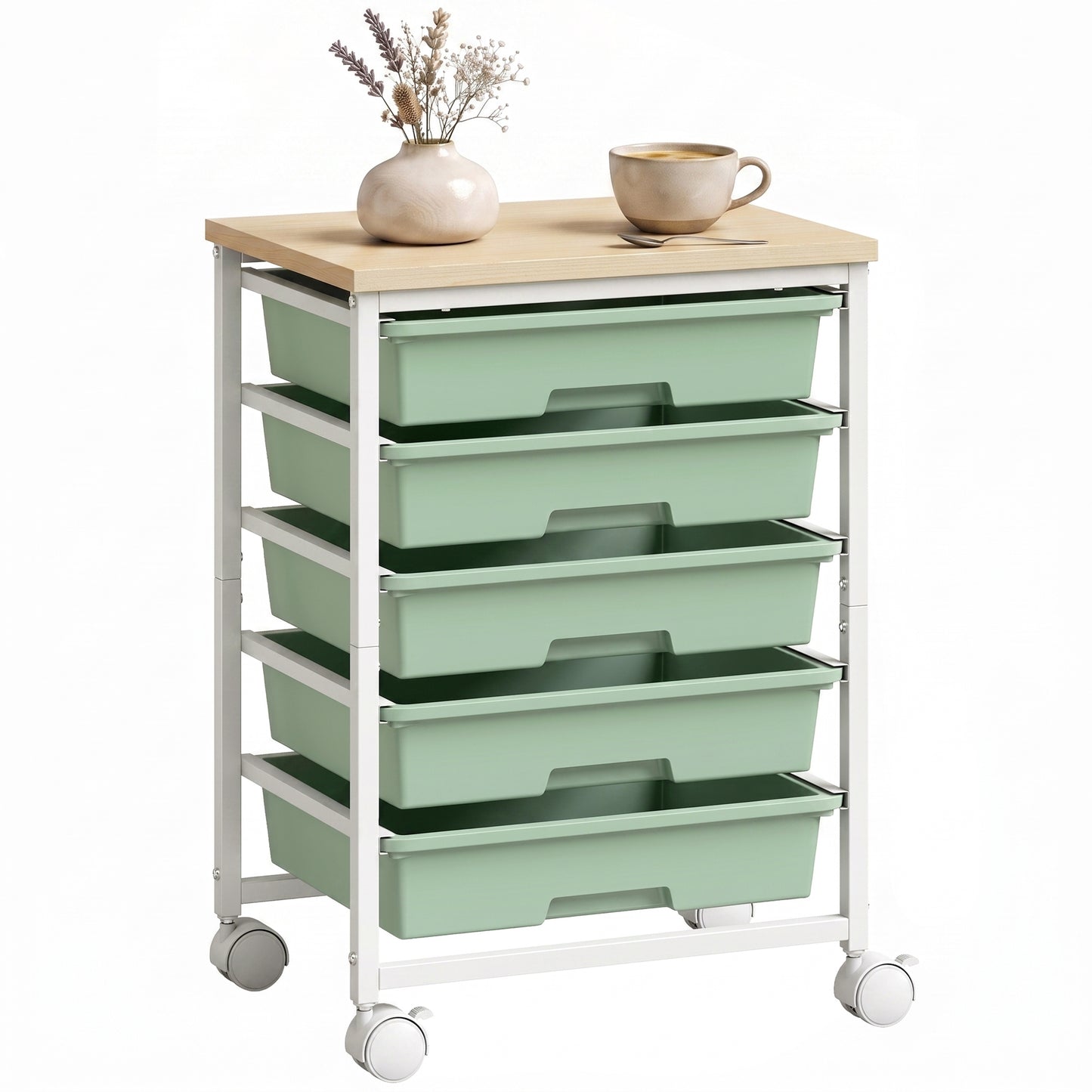 6-Tier Storage Trolley on Wheels with 5 Pull-Out Drawers, Green
