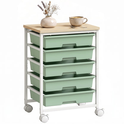 6-Tier Storage Trolley on Wheels with 5 Pull-Out Drawers, Green