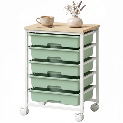 6-Tier Storage Trolley on Wheels with 5 Pull-Out Drawers, Green