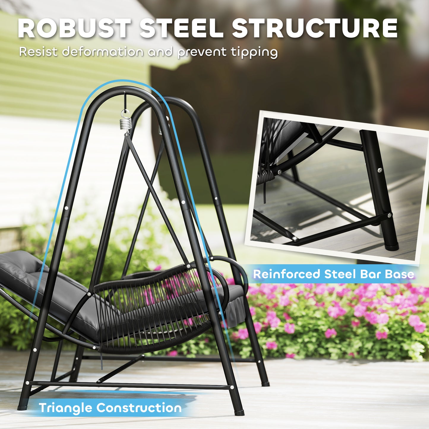 Rattan Swing Chair with Stand and Seat Cushion, Dark Grey