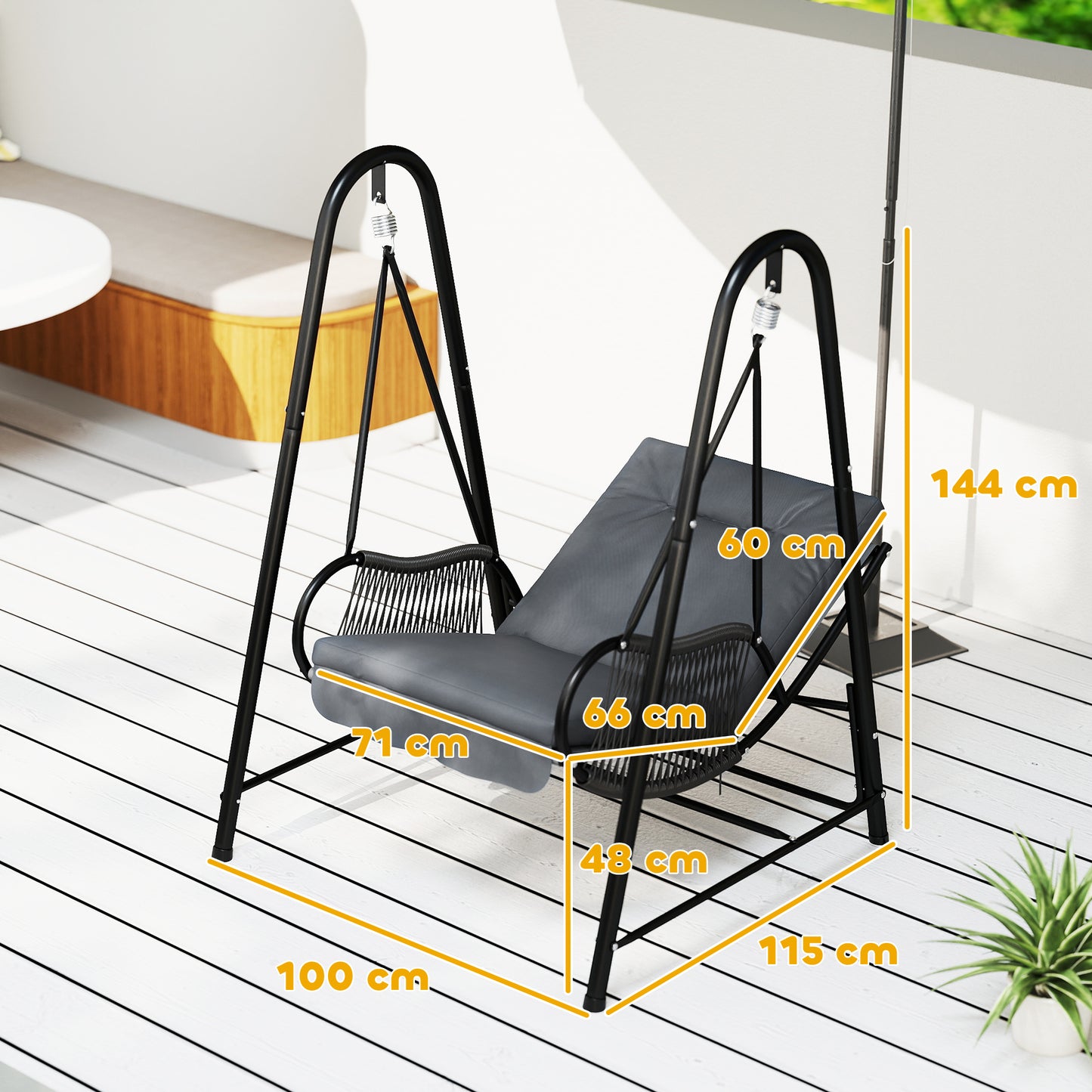 Rattan Swing Chair with Stand and Seat Cushion, Dark Grey