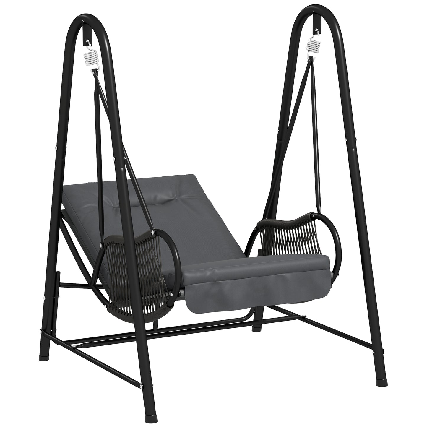 Rattan Swing Chair with Stand and Seat Cushion, Dark Grey