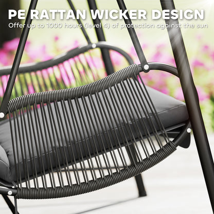 Rattan Swing Chair with Stand and Seat Cushion, Dark Grey