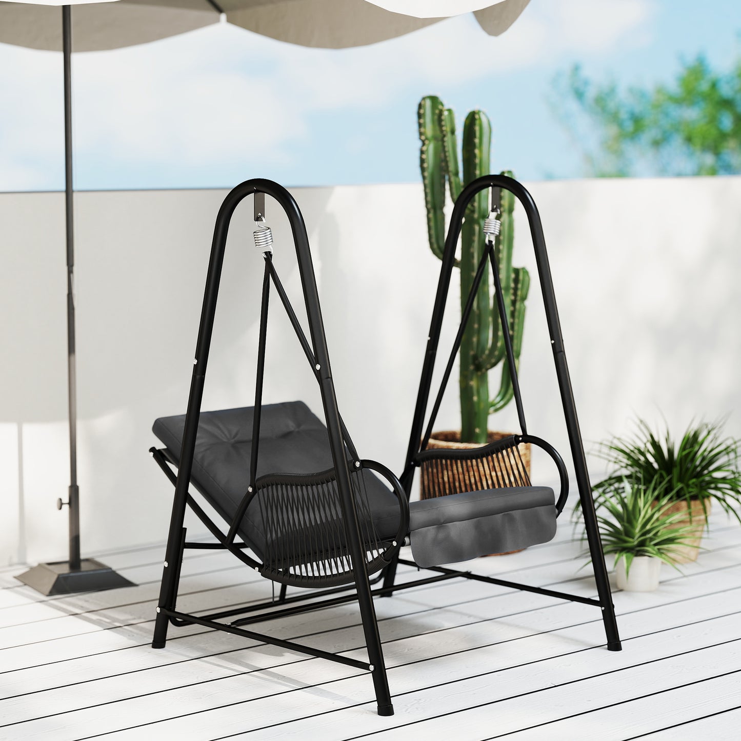 Rattan Swing Chair with Stand and Seat Cushion, Dark Grey