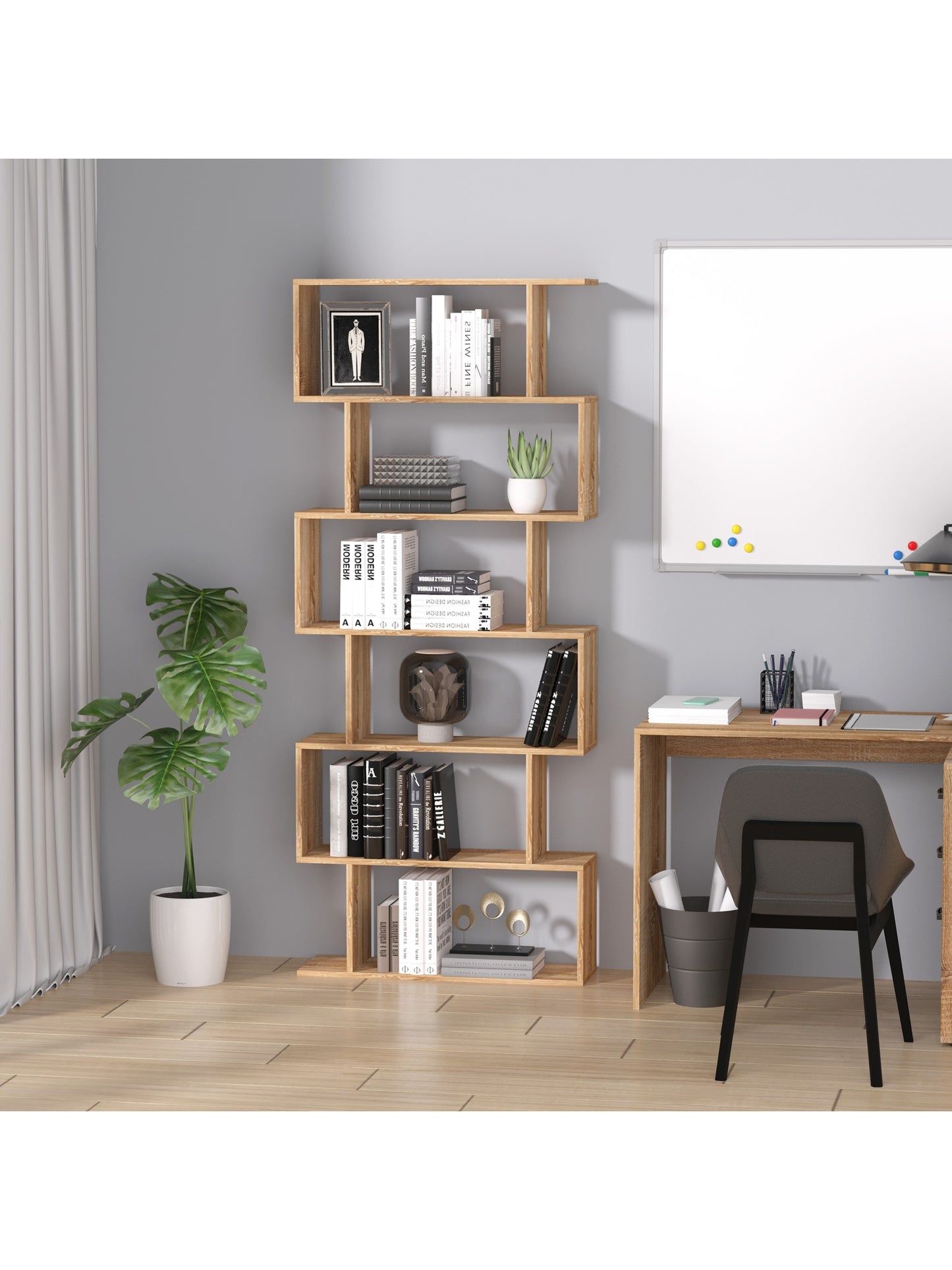 6-Tier Wooden Modern S-Shaped Shelf Storage Unit Home Office Oak Colour